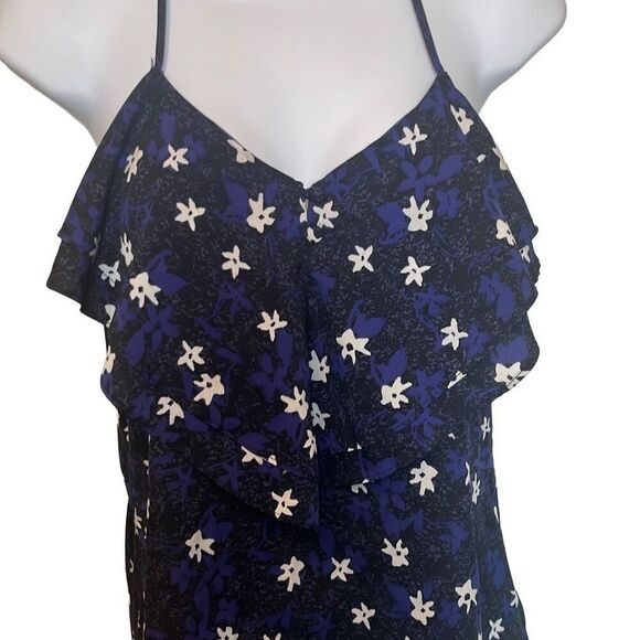 Banana Republic Black Blue Floral Ruffle Racerback Tank Top Camisole Small Boho - Picture 3 of 7